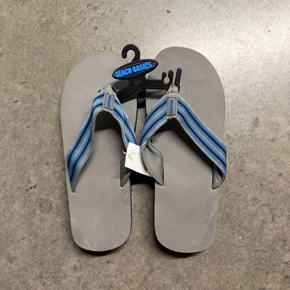 Beach Basics Mens Flip Flop Sandals Grey Blue Striped Fabric Strap Size 11 NWT